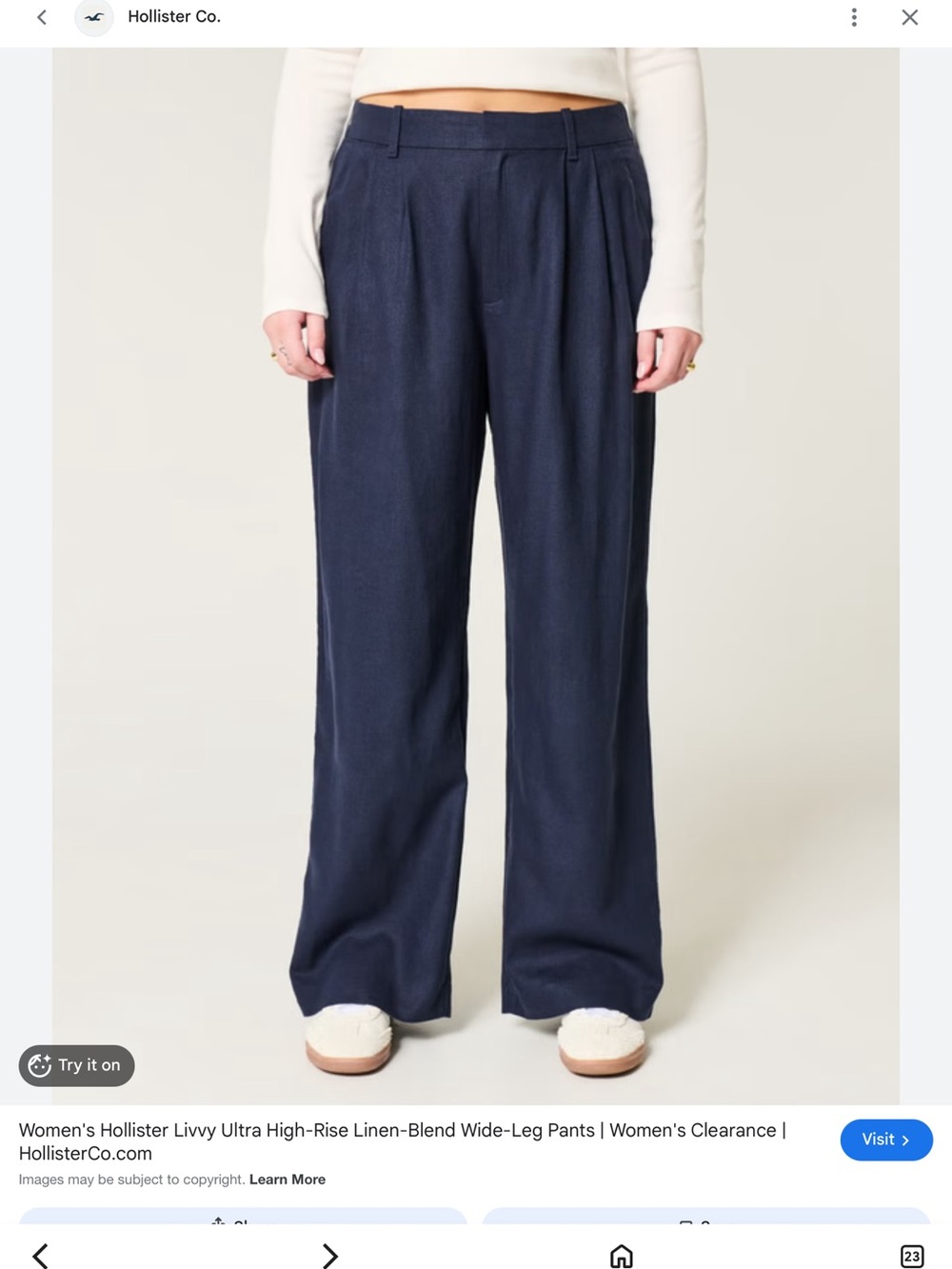 Hollister Navy Wide-Leg Linen-Blend Trousers baggy NWOT small elastic waist